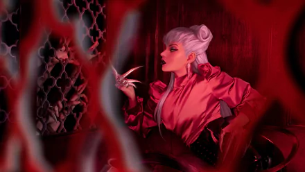 Evelynn from League of Legends’ K/DA, showcased in a striking red outfit, detailed 4K Ultra HD wallpaper for PC desktop background.