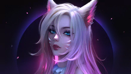 HD desktop wallpaper of Ahri from League of Legends' K/DA, featuring her with blonde hair, blue eyes, and animal ears, beautifully illustrated against a dark, glowing background.