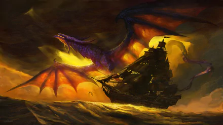 2K Quad HD PC desktop wallpaper: a fantasy sea scene with a massive dragon descending over a dark sailing ship amid glowing stormy skies and churning waves.