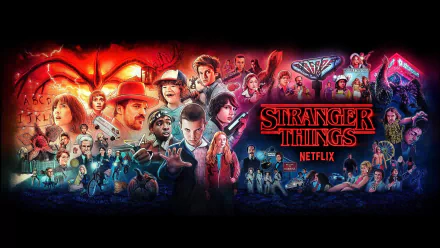 Stranger Things TV show HD PC desktop wallpaper/background featuring the ensemble cast, red-and-blue Upside Down imagery, eerie retro-horror vibe and Netflix logo.
