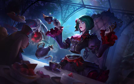 Orianna from League of Legends (video game) at a gothic tea party, a green‑haired clockwork doll pouring tea amid a moody blue‑purple forest — 4K Ultra HD PC desktop wallpaper/background.