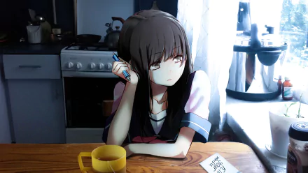 HD desktop wallpaper of an anime girl with long dark hair, sitting at a wooden table in a kitchen, holding a pen, with a mug and note beside her, gazing thoughtfully into the distance.