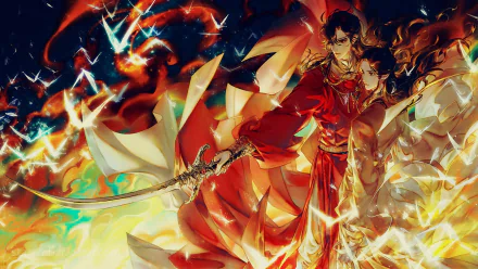 HD anime desktop wallpaper featuring Xie Lian, San Lang, and Hua Cheng from Heaven Official's Blessing (Tian Guan Ci Fu), showcasing His Royal Highness the Crown Prince of Xianle.