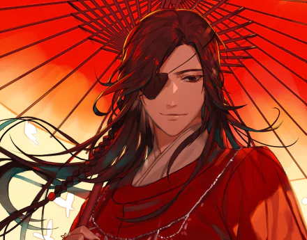 Anime HD PC desktop wallpaper from Tian Guan Ci Fu: long-haired, red-clad character with an eyepatch holding a red umbrella against a warm orange background.