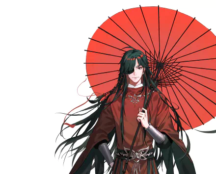 Anime-style 4K Ultra HD desktop wallpaper featuring a Tian Guan Ci Fu character with long dark hair, dressed in red and holding a large red umbrella.