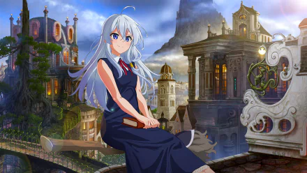 Elaina from Wandering Witch: The Journey of Elaina sits on a rooftop broomstick with a scenic, detailed fantasy town backdrop in this HD anime PC desktop wallpaper.
