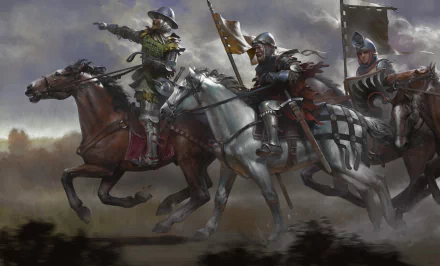 Epic fantasy scene of armored knights and a warrior on horseback charging through a battlefield, rendered in stunning 4K Ultra HD detail for PC desktop wallpaper.