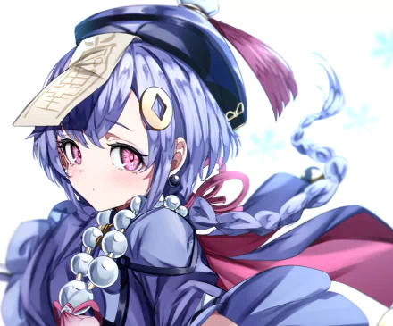 HD PC desktop wallpaper featuring Qiqi from the video game Genshin Impact, showcasing her detailed outfit and serene expression against a soft background.