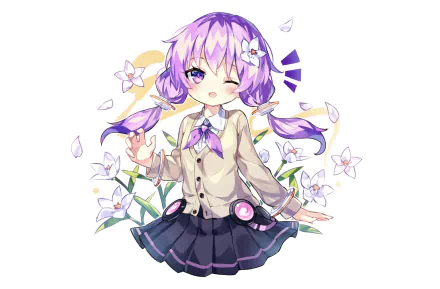 HD PC desktop wallpaper featuring Vocaloid Yuzuki Yukari winking and blushing in a school uniform and navy skirt, with purple hair and eyes, surrounded by delicate white flowers.