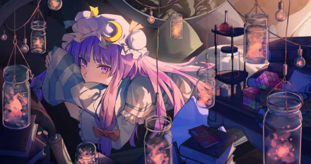 Anime-style 4K Ultra HD wallpaper of Patchouli Knowledge from Touhou, featuring long purple hair and purple eyes in a dimly lit, magical laboratory setting.