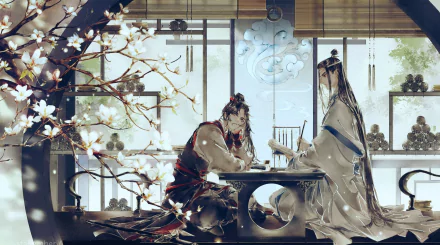 HD PC wallpaper featuring anime characters Wei Wuxian and Lan Wangji from Mo Dao Zu Shi, seated at a table in a serene, traditional setting with blooming branches.