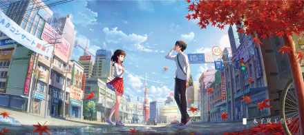 An HD anime-themed desktop wallpaper featuring a couple with black hair and sneakers, standing in a vibrant city street lined with autumn trees and red leaves.