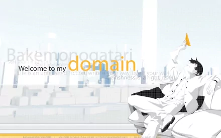 A stylish HD wallpaper featuring Koyomi Araragi from the Monogatari series, showcasing his black hair and a serene urban backdrop with the text Welcome to my domain.