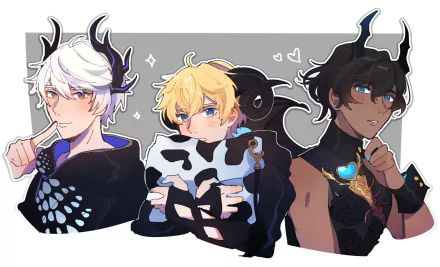 HD PC desktop wallpaper of three horned, anime-style characters from the video game Obey Me! Shall We Date? — white-haired, blonde with cow-pattern scarf, and dark-skinned with a glowing blue jewel.