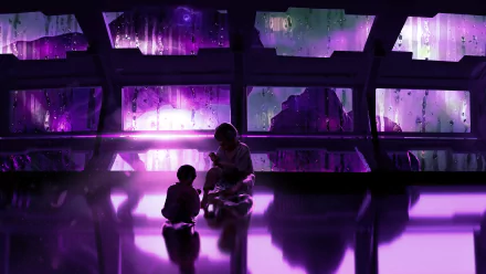 4K Ultra HD PC desktop wallpaper — anime night scene: a child and companion sit on a reflective floor by a rain-streaked panoramic window, neon purple city skyline beyond.