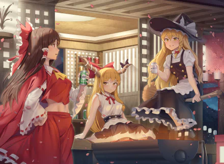 witch long hair japanese clothes horns blonde Marisa Kirisame Suika Ibuki Reimu Hakurei Anime Touhou HD Desktop Wallpaper | Background Image