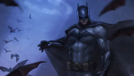 A 4K Ultra HD DC Comics wallpaper featuring Batman standing in a dark, misty environment surrounded by flying bats.