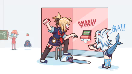 Chibi-style 2K Quad HD PC wallpaper of VTubers Takanashi Kiara, Gawr Gura and Watson Amelia — Kiara smashes an arcade machine as Gura reacts and Amelia watches.