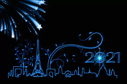 5K Ultra HD vector wallpaper: blue Eiffel Tower and Paris, France skyline outlined with fireworks and decorative swirls celebrating New Year 2021 holiday.