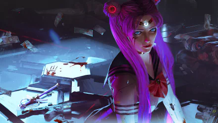 Anime-style cyberpunk character with long purple hair and blue eyes, inspired by Sailor Moon, featured in a detailed 4K Ultra HD desktop wallpaper.