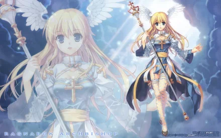 A vibrant HD wallpaper featuring an angelic character from the video game Ragnarok, adorned in a blue robe and wielding a staff, set against a mystical background.