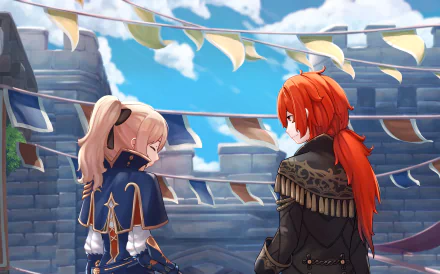 HD PC desktop wallpaper featuring Diluc and Jean from the video game Genshin Impact, set against a bright blue sky with castle walls and fluttering flags.