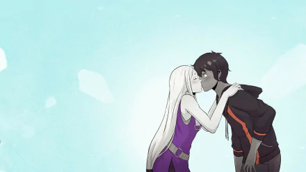 HD desktop wallpaper of an animated couple kissing, set against a soft teal background with floating ice crystals. Tagged with Haven.