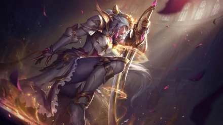 Diana from League of Legends poised with her crescent blade in a dynamic, detailed 8K Ultra HD video game wallpaper for PC desktop background.