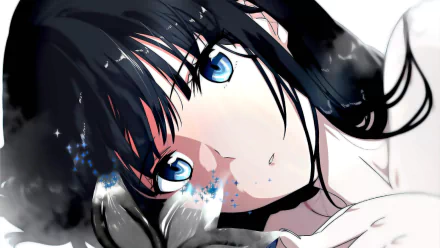 HD anime desktop wallpaper featuring Shiba Miyuki from The Irregular at Magic High School with striking blue eyes and flowing black hair.