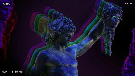 4K Ultra HD PC desktop wallpaper: vaporwave, neon-glitched classical statue holding Medusa's head, artistic RGB echoes and glitch layers on a dark surreal background.