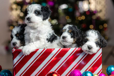  Four Cute Little Puppies in a Box Covered with Christmas Paper
