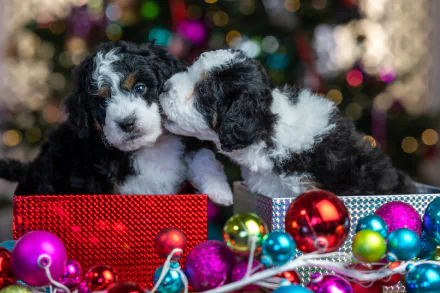  Two Cute Little Puppies in a Christmas Gift Box