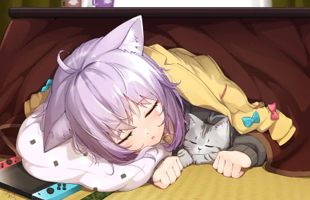 Anime character with purple hair, cat ears, and a hololive member, Nekomata Okayu, sleeping peacefully with a cat. The HD desktop wallpaper captures a cozy, serene moment.