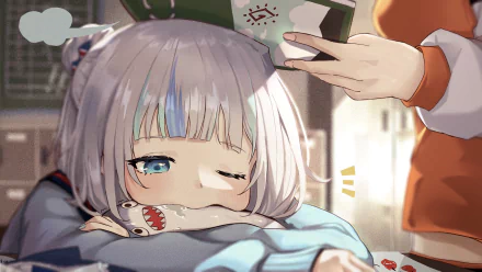 Anime wallpaper featuring Gawr Gura from Hololive, a Virtual YouTuber, with white hair and blue eyes, resting her head on a table. An arm holds a book overhead. HD desktop background.