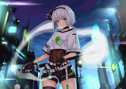 Anime character Youmu Konpaku with short white hair and green eyes wields a katana in a futuristic cityscape, rendered in 4K Ultra HD.