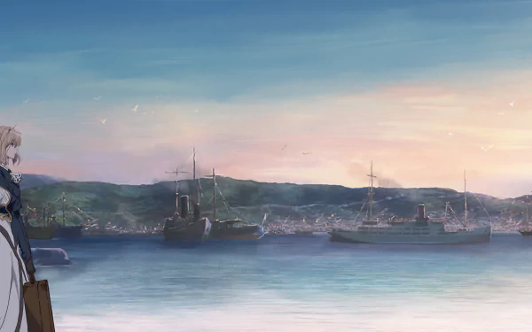 Anime-style 4K Ultra HD wallpaper featuring Violet Evergarden standing by a calm harbor with ships and a distant shoreline at sunset.