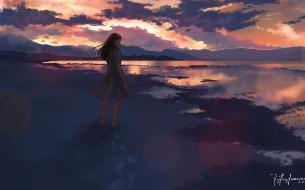 Anime Girl Sunset Lake HD Wallpaper | Background Image