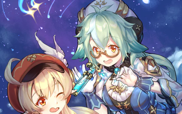 HD desktop wallpaper featuring Sucrose and Klee from the video game Genshin Impact, set against a starry night sky background.