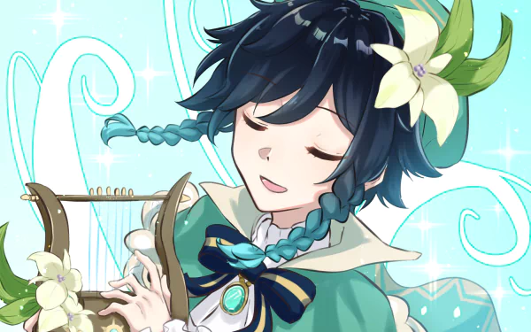 HD desktop wallpaper featuring Venti from Genshin Impact playing a harp, set against a whimsical background. The vibrant colors and detailed artwork capture the character’s serene and musical essence.
