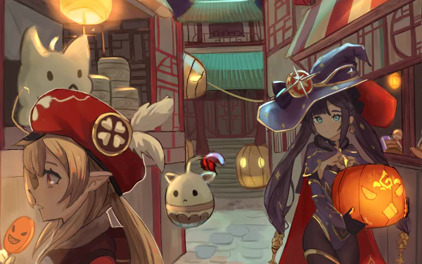 4K Ultra HD PC wallpaper featuring Klee and Mona from Genshin Impact in a festive, lantern-lit village setting.