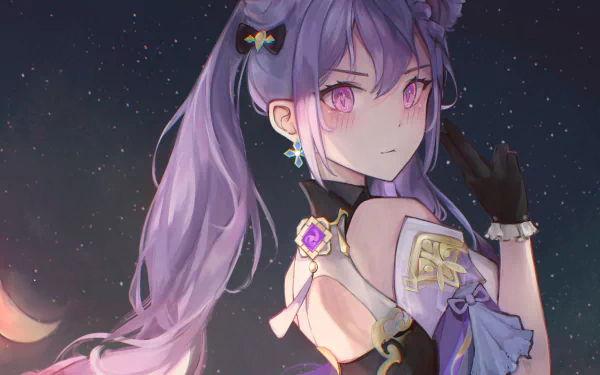 HD PC desktop wallpaper featuring Keqing from the video game Genshin Impact, showcasing her with flowing purple hair and a starry night background.