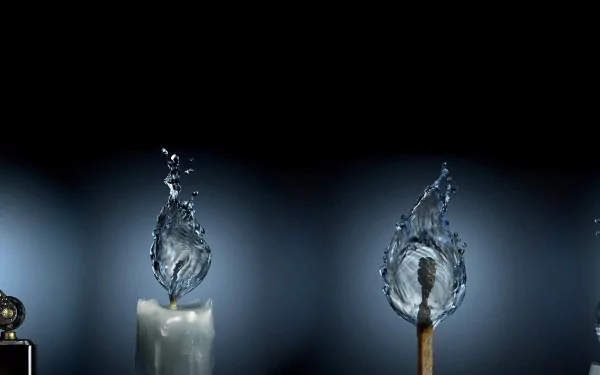 Artistic HD desktop wallpaper showcasing a surreal elemental theme, featuring water flames on a candle and matchstick against a dark background.