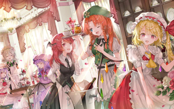 HD PC desktop wallpaper: Touhou anime scene with Remilia Scarlet, Flandre Scarlet, Patchouli Knowledge, Sakuya Izayoi, Koakuma and Hong Meiling in a sunlit tea room.