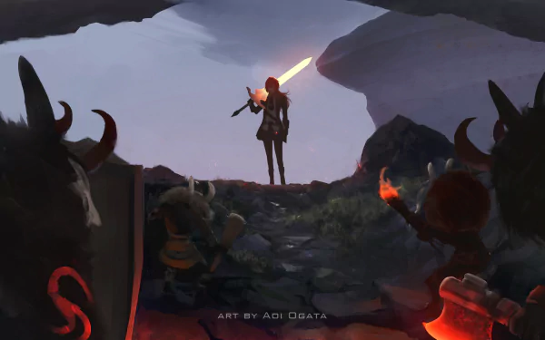 HD PC desktop wallpaper featuring Diluc from Genshin Impact, standing on a rocky cliff holding a glowing sword, with a dark, moody background.