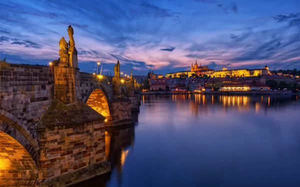 Czech Republic Prague evening dusk man made Charles Bridge HD Desktop Wallpaper | Background Image