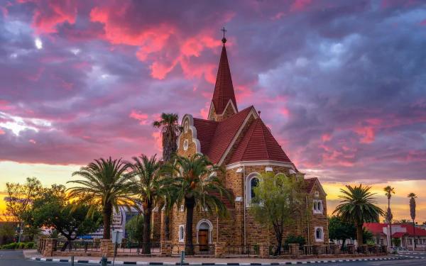 Namibia architecture evening palm tree cloud sunset religious church HD Desktop Wallpaper | Background Image