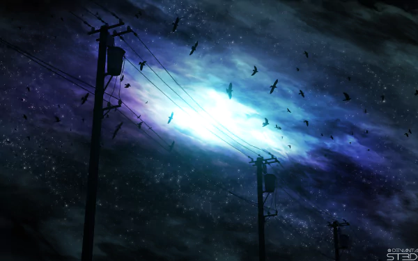 Anime-style night sky with glowing clouds, silhouetted power lines, and birds in flight, rendered in 4K Ultra HD for a vivid PC desktop background.