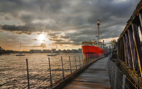 Vehicles Ship Hudson River Sunset New York Pier Motor Ship HD Wallpaper | Background Image
