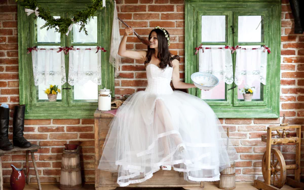 white dress brunette smile woman model HD Desktop Wallpaper | Background Image