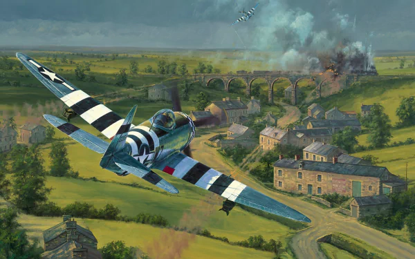 HD desktop wallpaper of a Republic P-47 Thunderbolt warplane flying over a countryside village with a military attack scene and burning buildings in the background.